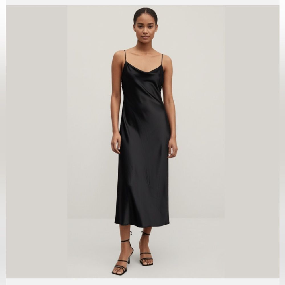 Polly Women's Dress Black Satin Cowl Neck Slip Midi Size 4 Cocktail Party Event